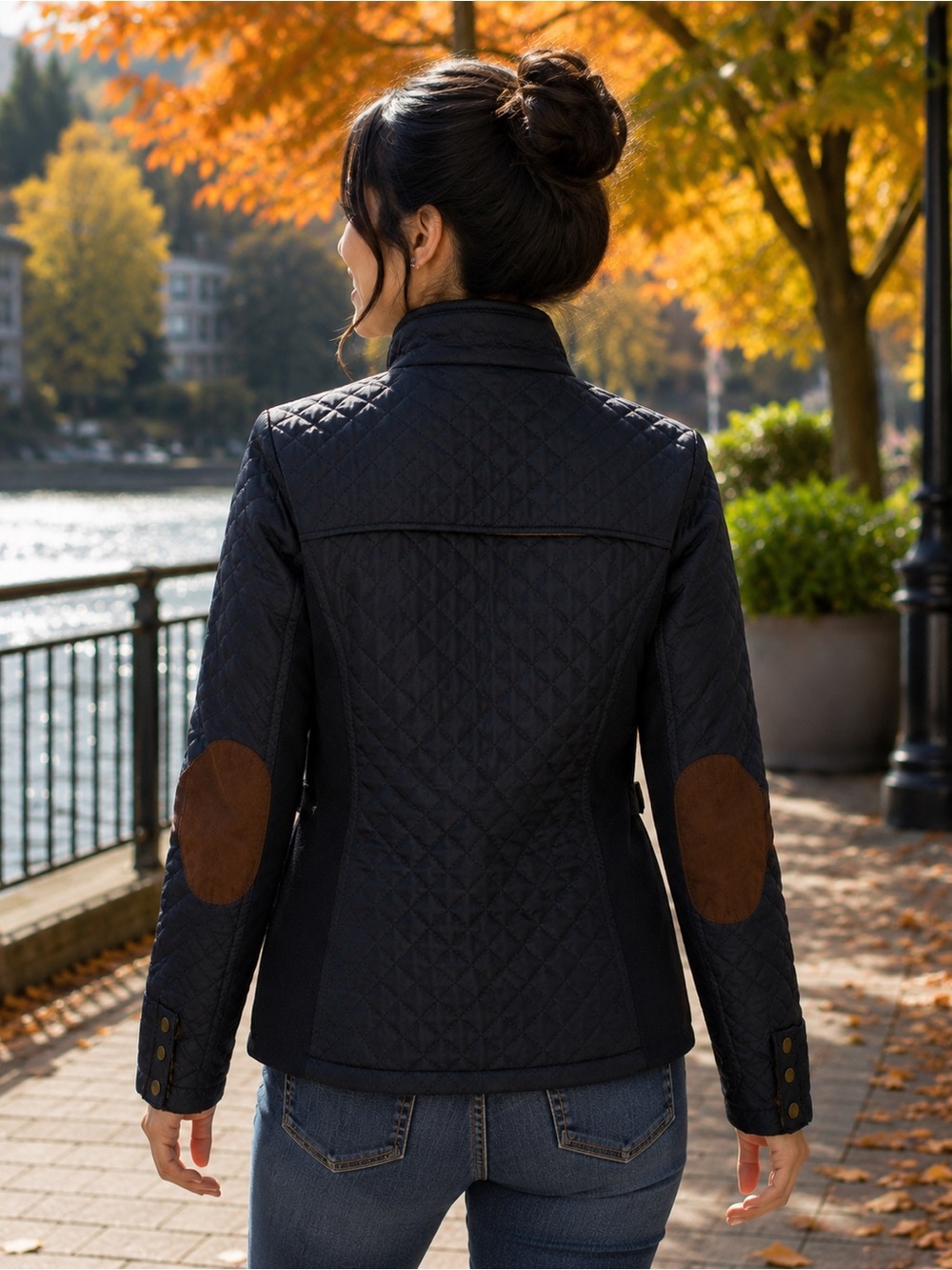 Cavalini Quilted Navy Utility Jacket with Brown Elbow Patches - Picture 9 of 9